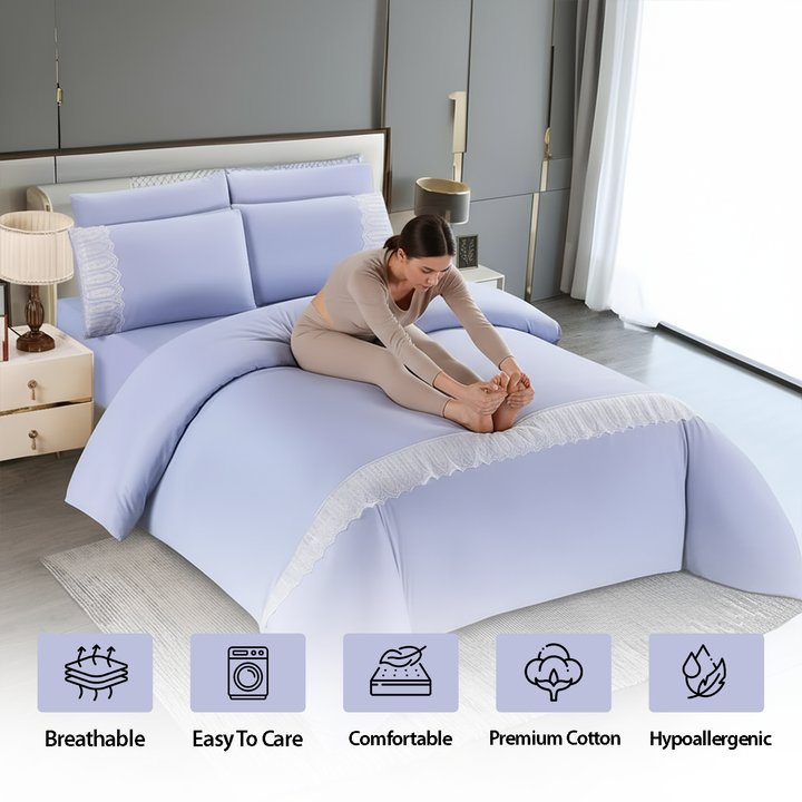 King Size Bed Sheets 6 PCs  – Cotton Fitted Sheet, Duvet Cover & 4 Pillowcases Set (blue)
