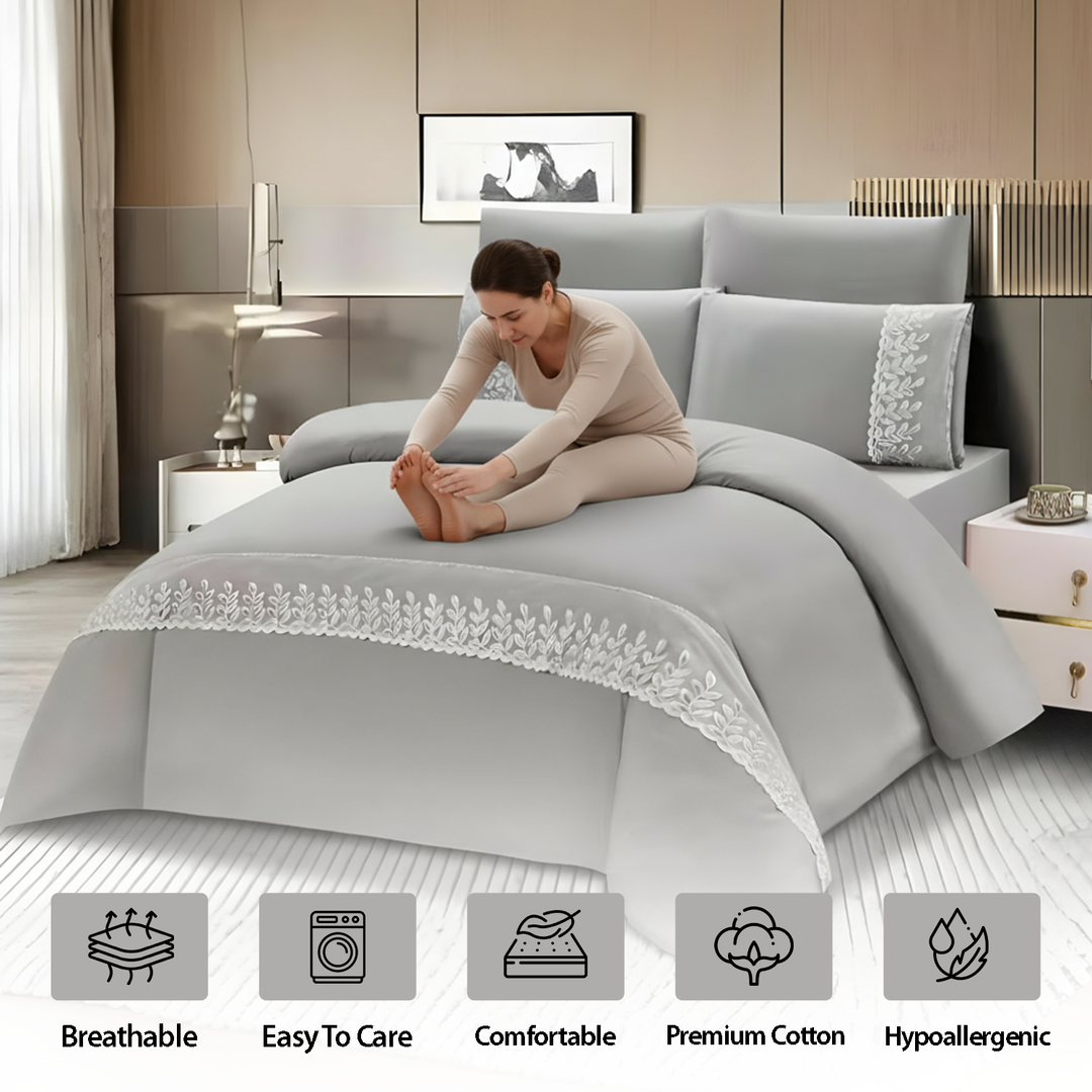 Luxury Border Design King Bed Bedding Set – 6 PCs with Sheet, Duvet & Pillowcases (Grey)