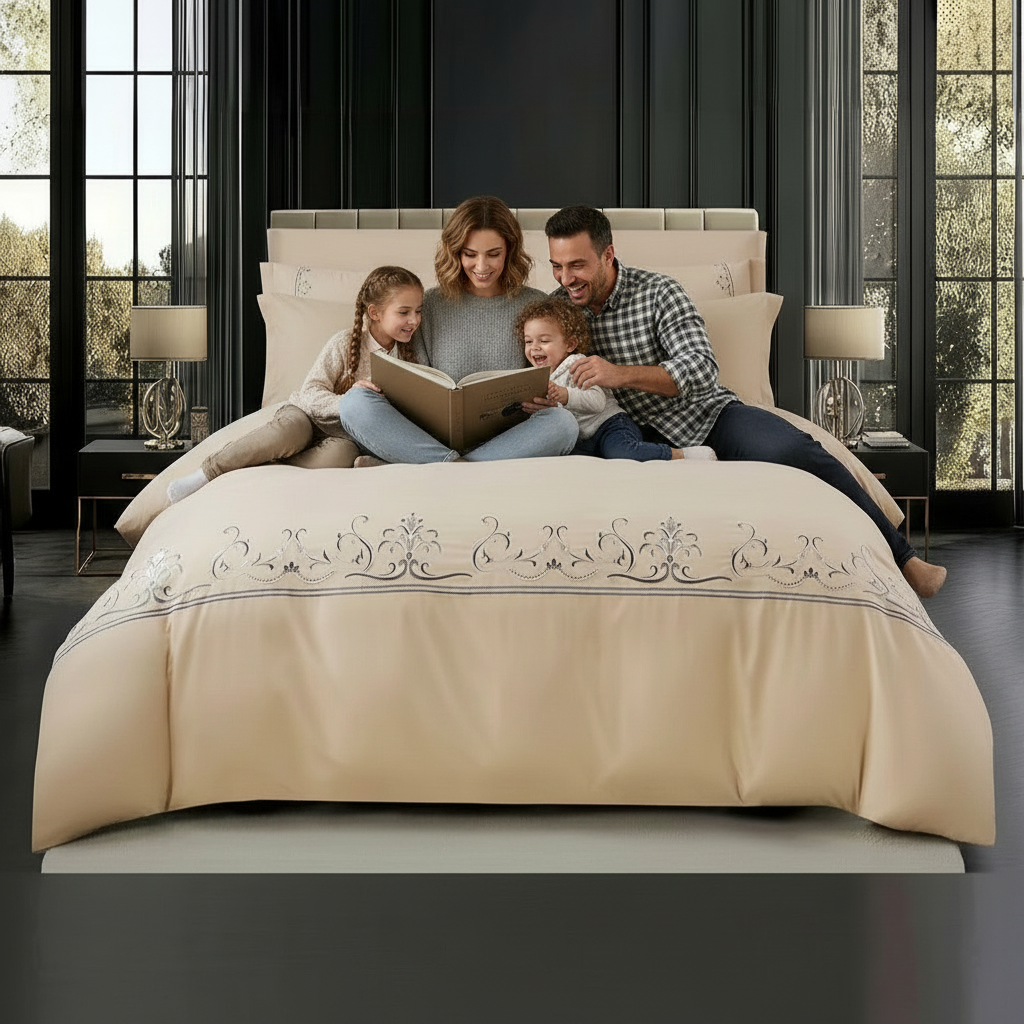 Warm beige bedroom with luxury bedding setup