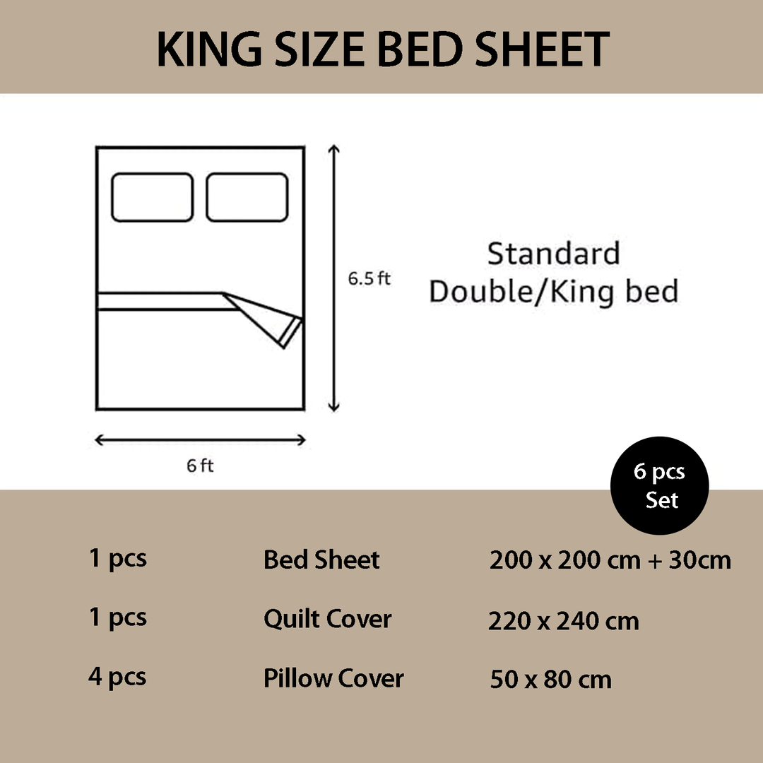 King size bed sheet set dimensions and components diagram on a beige background