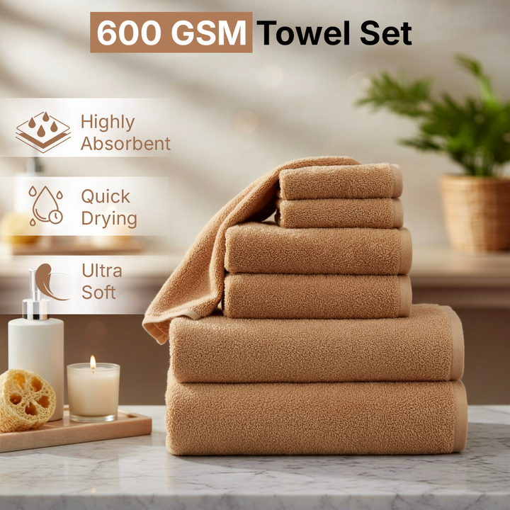 6 PCs Premium Cotton Towel Set – Bath Towel Set with Hand Towels & Washcloths (Camel)