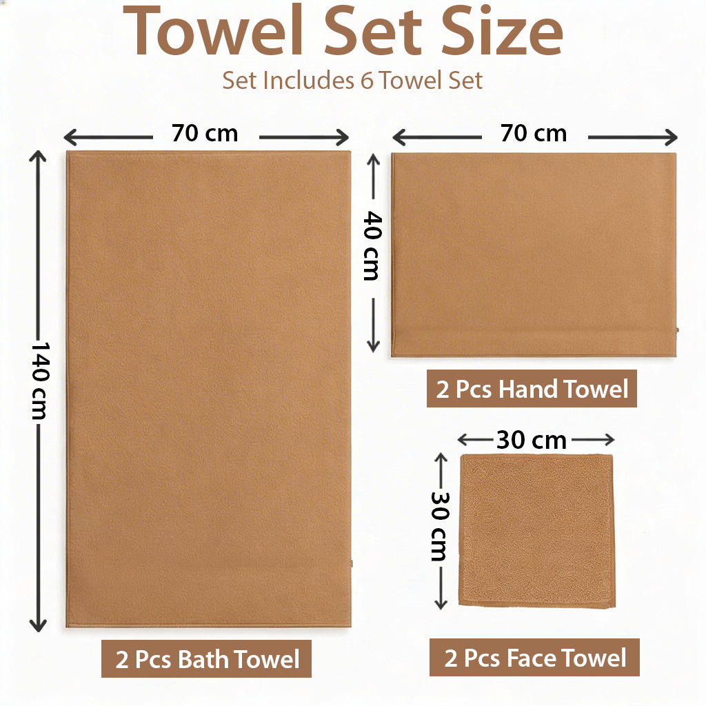 6 PCs Premium Cotton Towel Set – Bath Towel Set with Hand Towels & Washcloths (Camel)