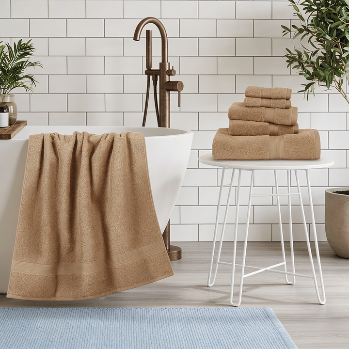 6 PCs Premium Cotton Towel Set – Bath Towel Set with Hand Towels & Washcloths (Camel)