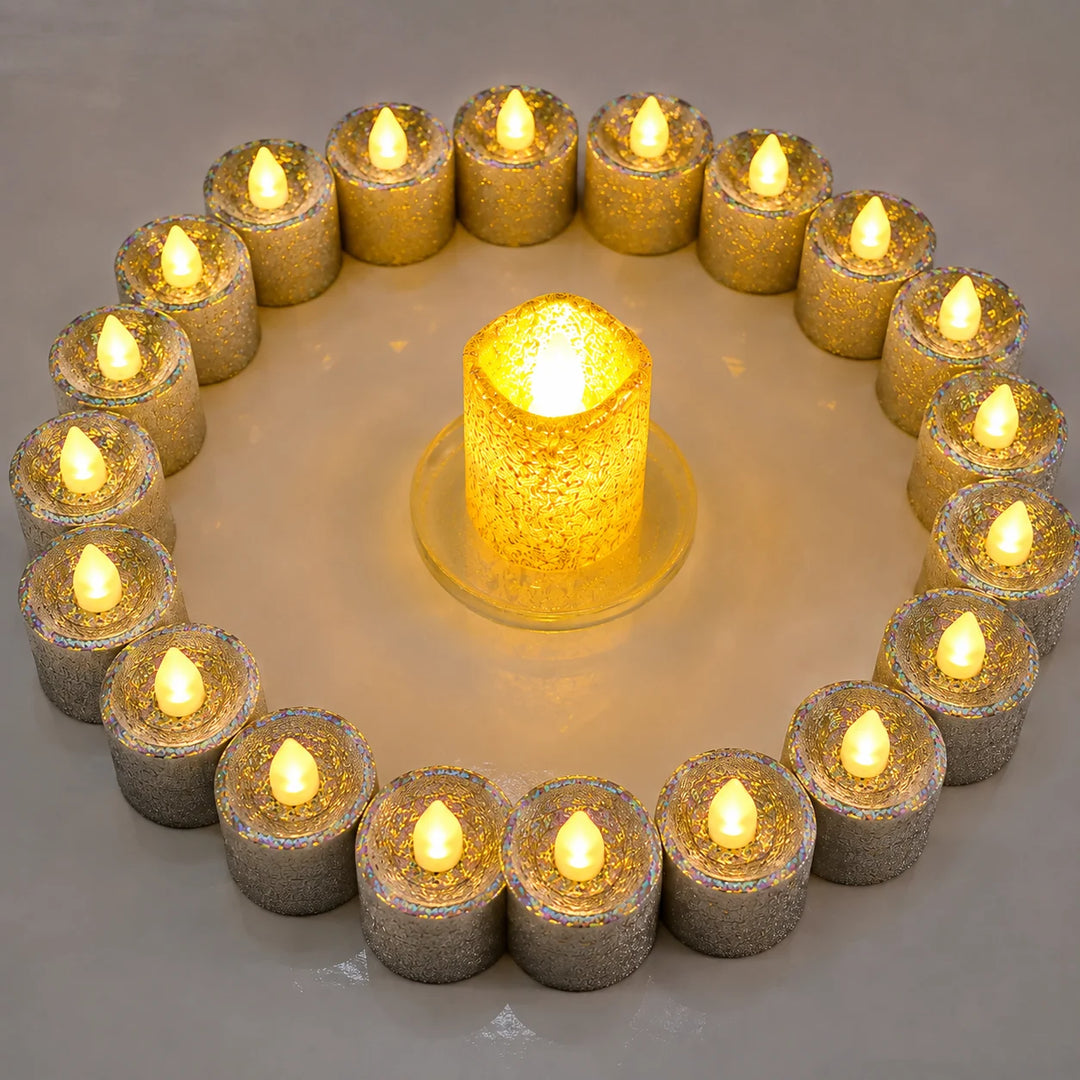 Gold Glitter Flameless Candles 24 Pack | LED Tea Lights for Weddings &amp; Home Decor