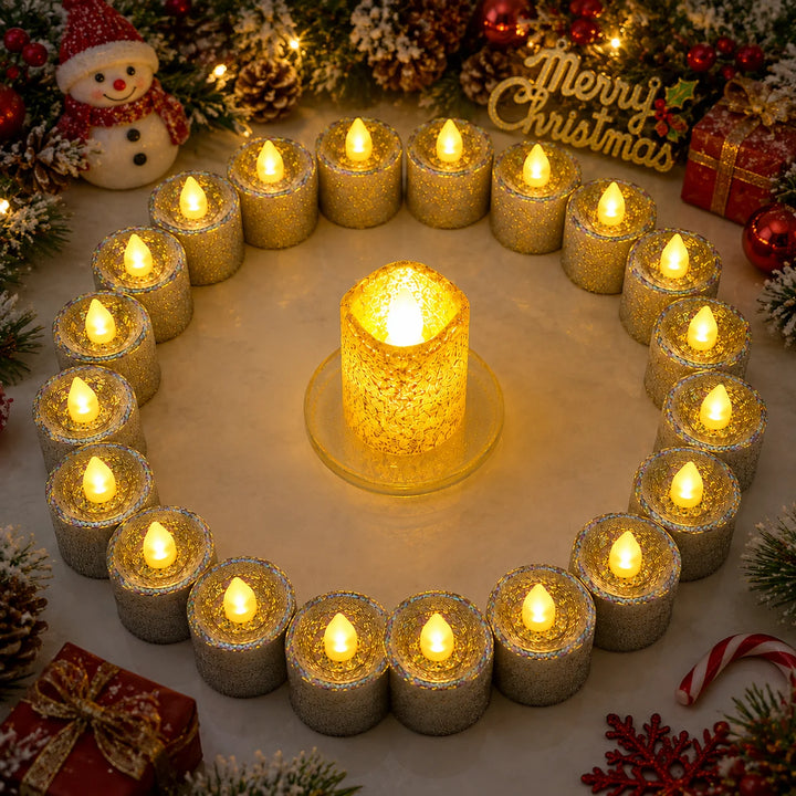 Gold Glitter Flameless Candles 24 Pack | LED Tea Lights for Weddings &amp; Home Decor