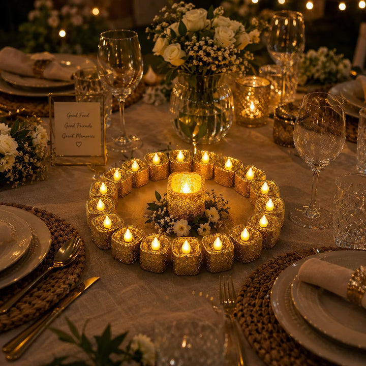 Gold Glitter Flameless Candles 24 Pack | LED Tea Lights for Weddings &amp; Home Decor