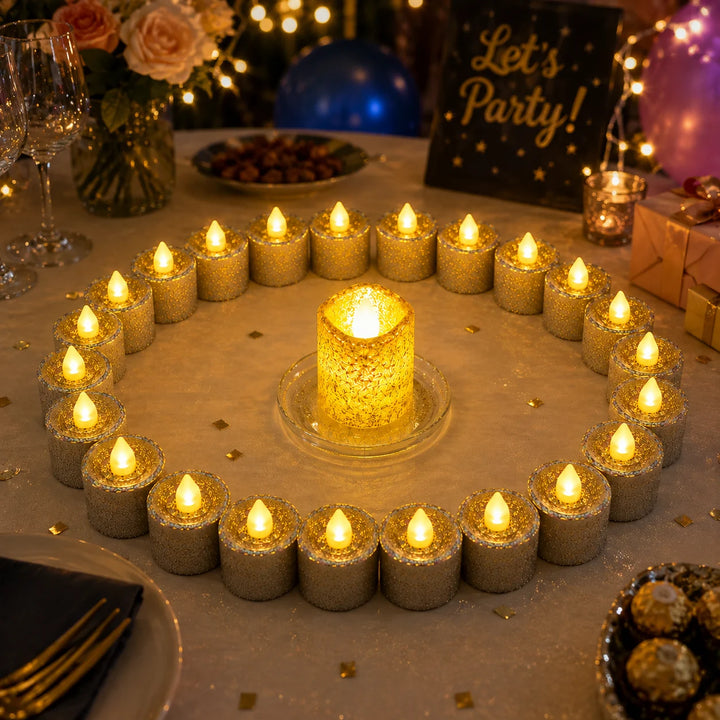 Gold Glitter Flameless Candles 24 Pack | LED Tea Lights for Weddings &amp; Home Decor