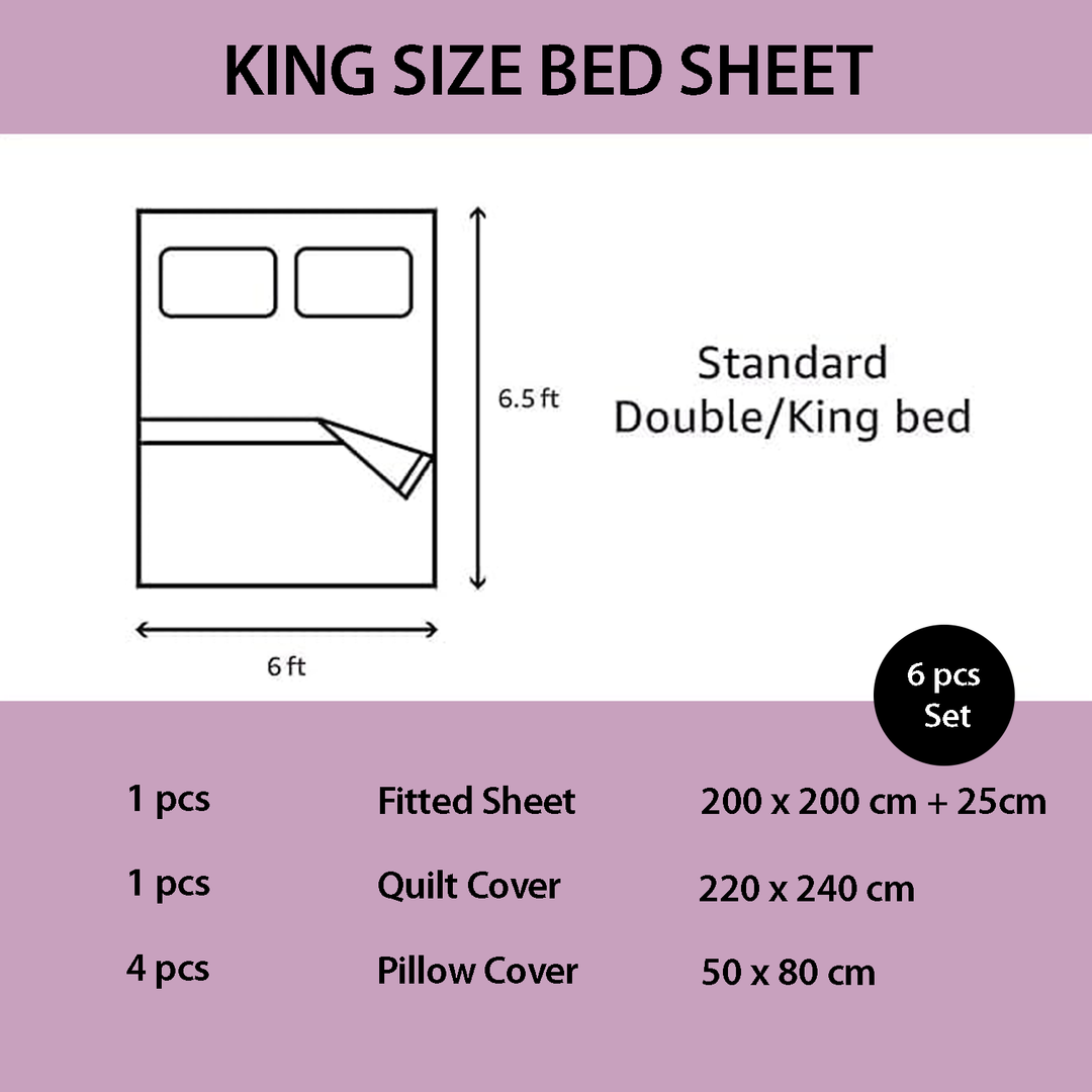 King size bed sheet set dimensions and components on a purple background