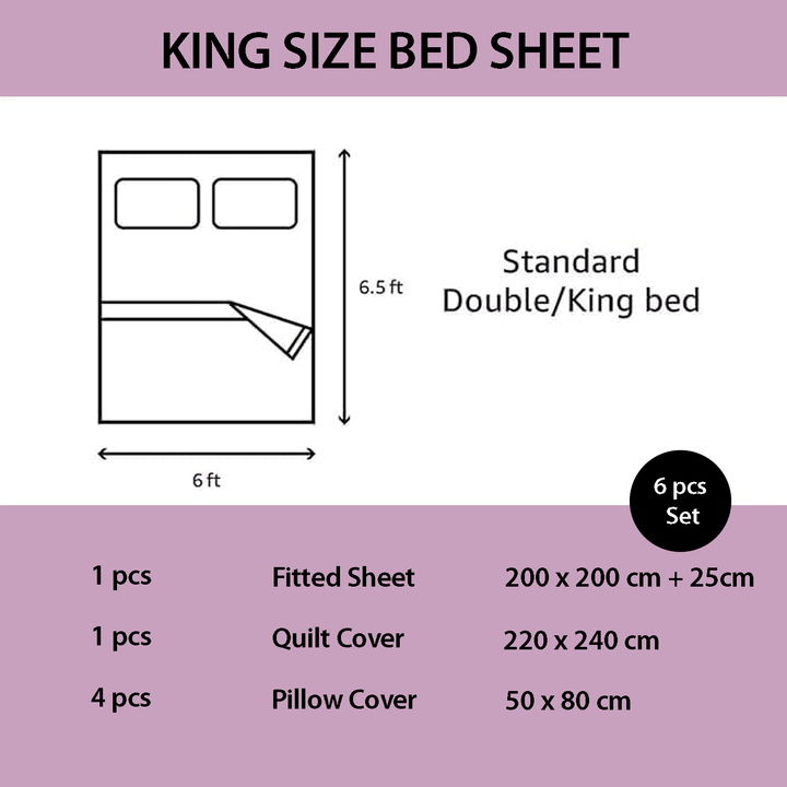 King size bed sheet set dimensions and components on a purple background