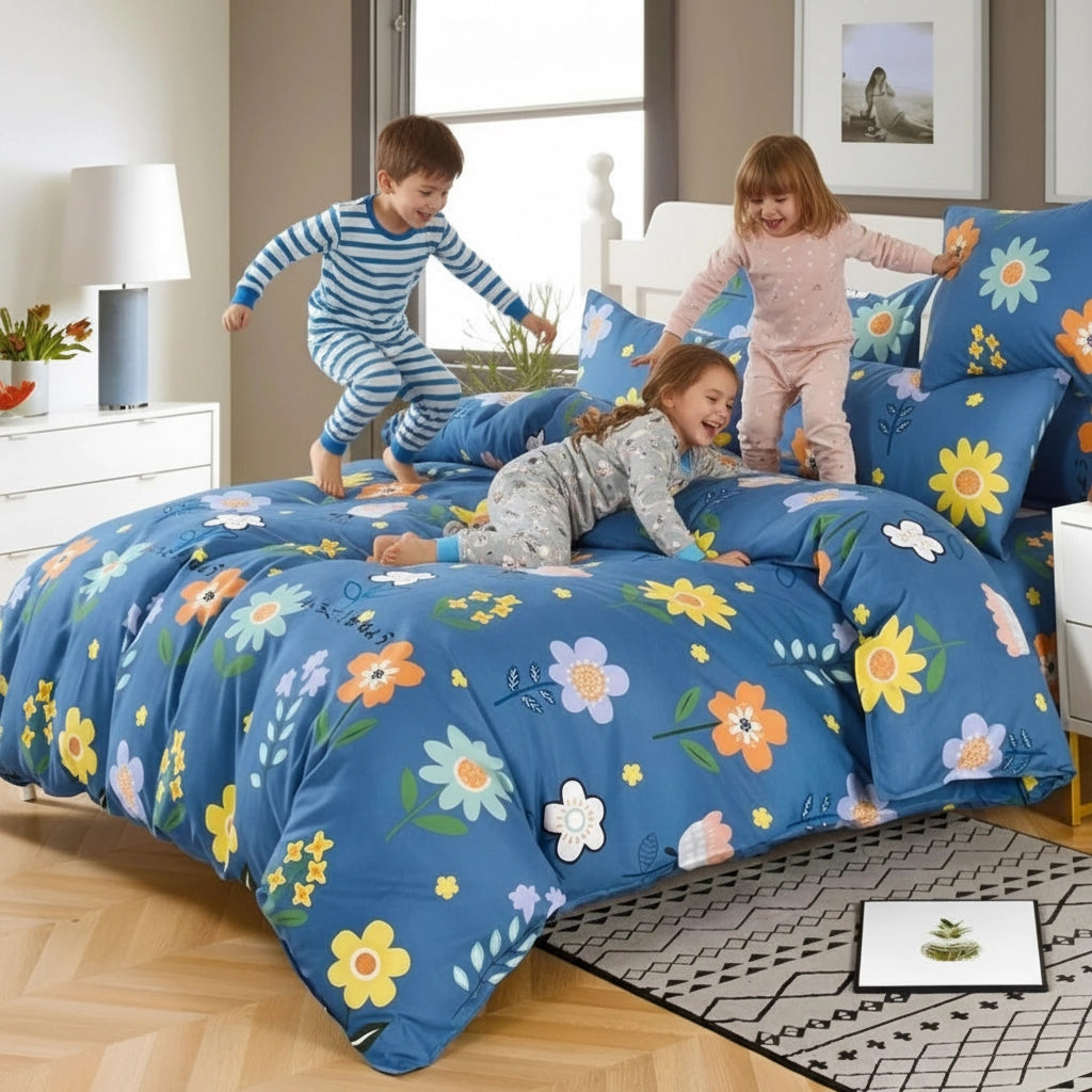 Bright blue bedding styled with floral quilt cover, bed sheet, and pillow cover