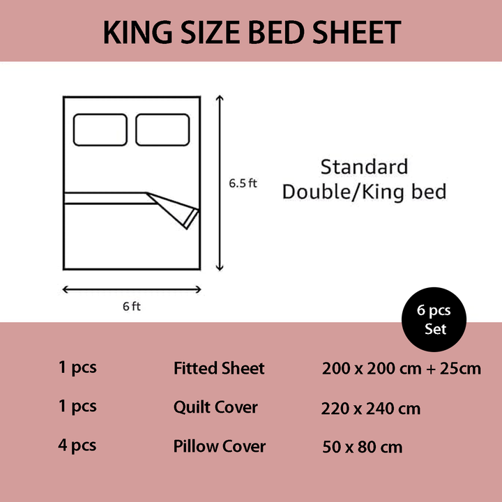 King size bed sheet set dimensions and components diagram on a beige background