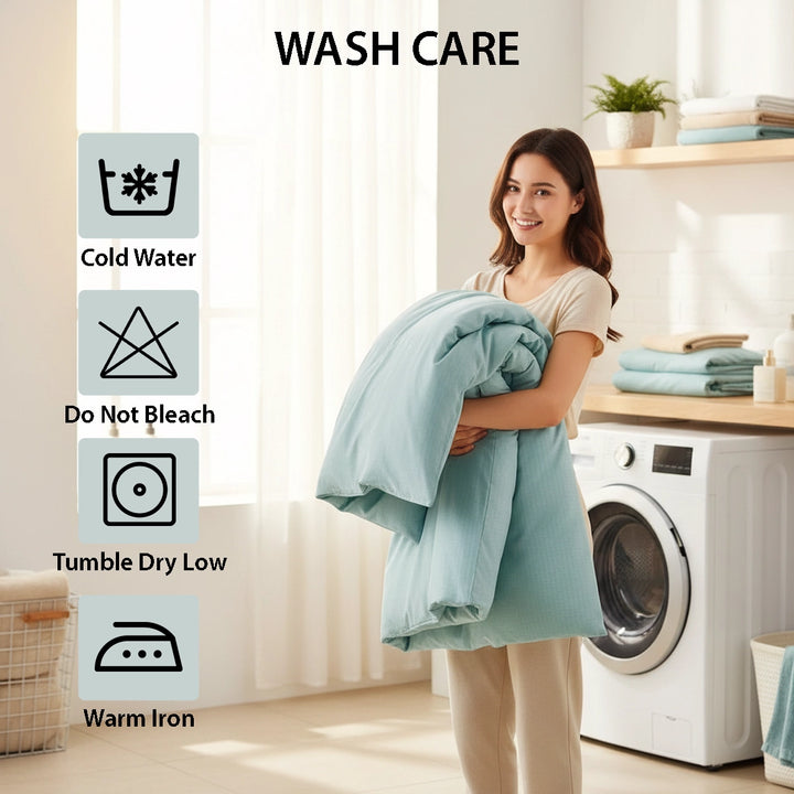 Solid color bedding arrangement with bed sheet, quilt cover, and pillow cover in pastel green