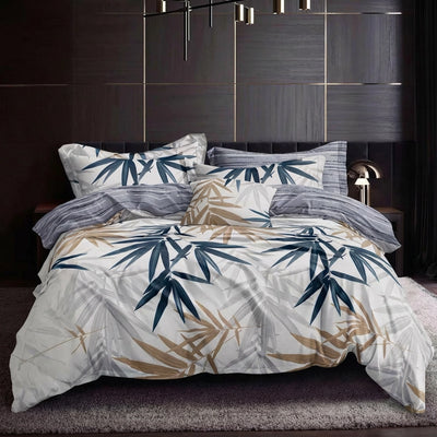 Bamboo leaf print bed sheet styled with quilt cover and matching pillow cover