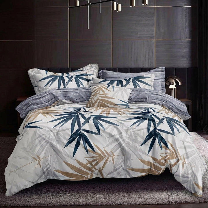 Bamboo leaf print bed sheet styled with quilt cover and matching pillow cover