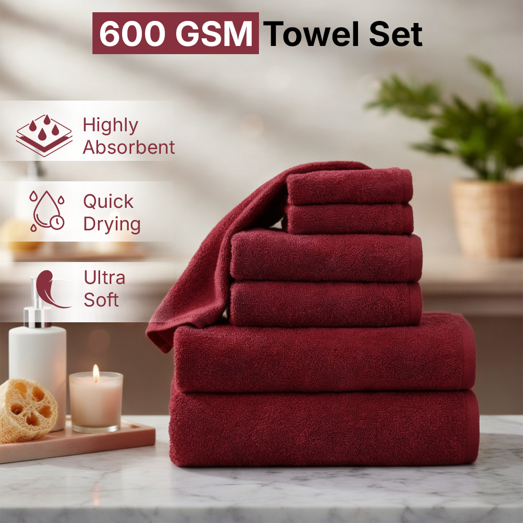 6 PCs Premium Towel Set, 2 Bath Towels, 2 Hand Towels , 2 Washcloths & Shower Towel