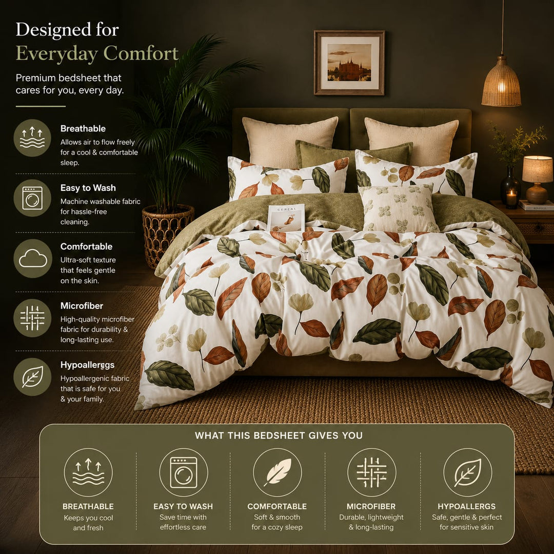A bed dressed in a white microfiber bedding set with a brown and green leaf pattern, styled in a dark olive green bedroom. The left side features a list of product benefits, and the bottom features a summary infographic.