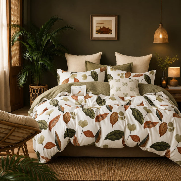 A bed dressed in a white bedding set with a botanical leaf print in green, brown, and beige, styled in a warm, rustic bedroom with a dark olive wall, hanging pendant light, and potted plants.