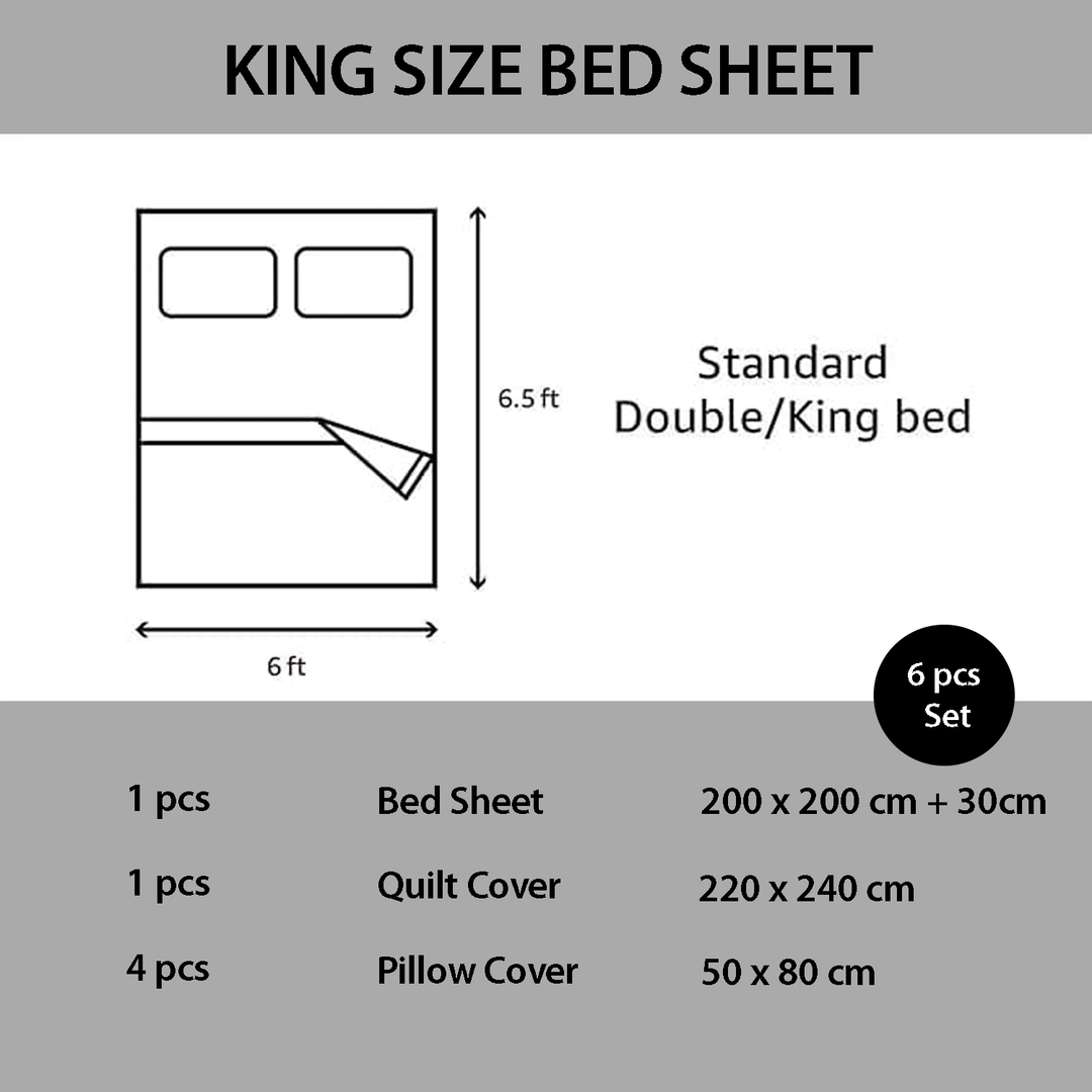 King size bed sheet set dimensions and components diagram on a gray background