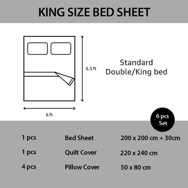 King size bed sheet set dimensions and components diagram on a gray background