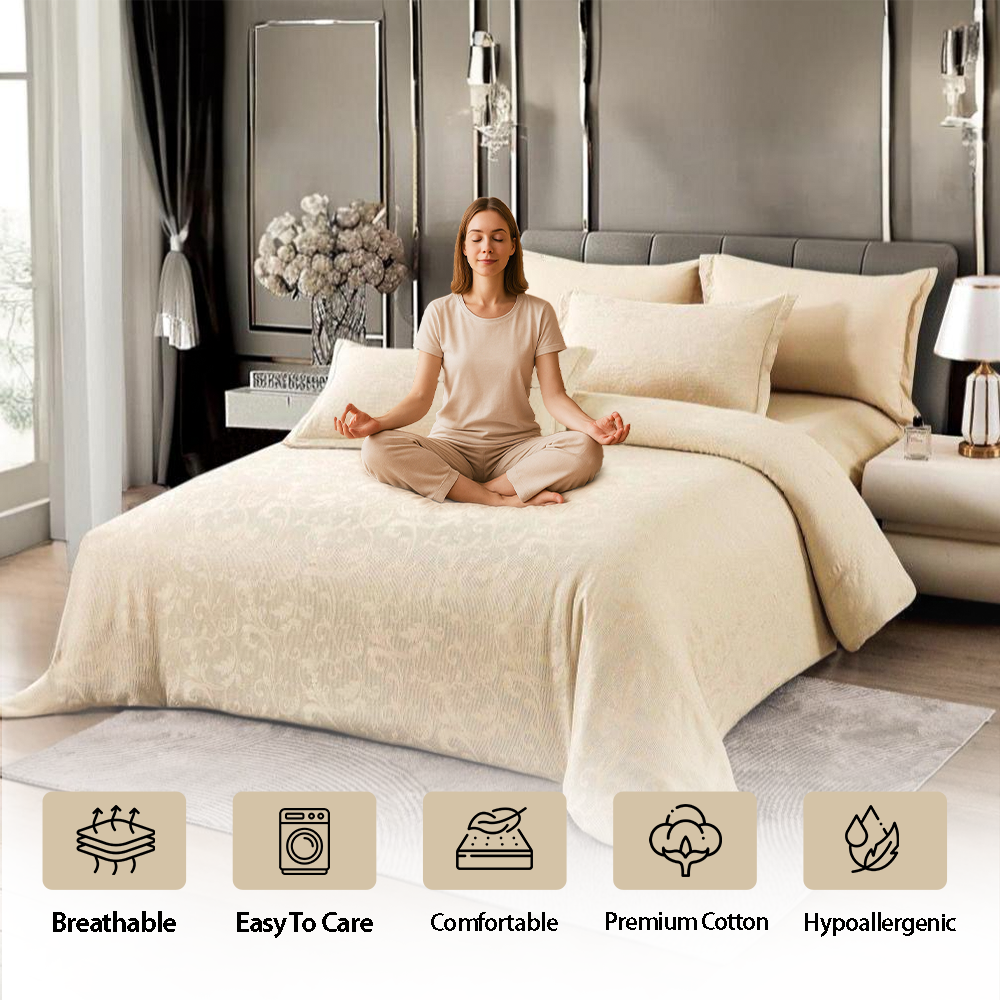 Elegant Beige Jacquard Bedding Set 6 PCs - Duvet and Pillowcases Bedroom Decor (6FM68)