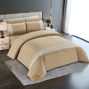 Beige bedsheet set with elegant lace border and matching pillow covers