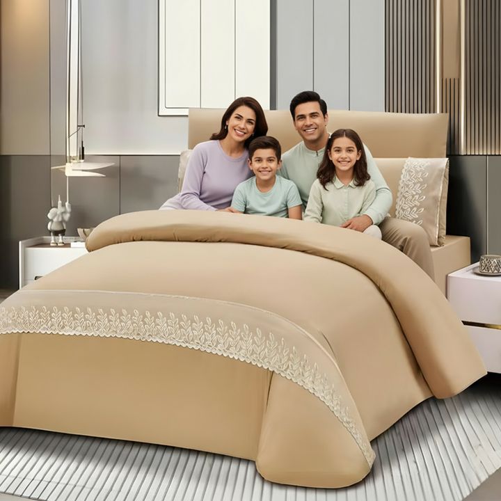 Soft & Stylish Border Design Best Bedding Set - Luxury 6 PCs Set for Every Bedroom (Beige)