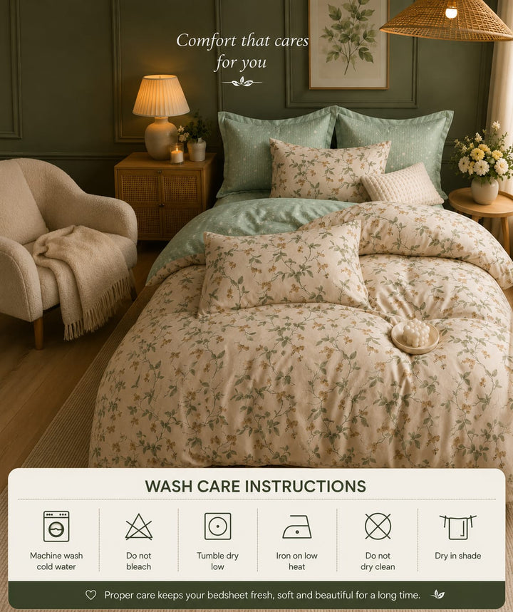 A floral bedding set styled on a bed in a cozy bedroom setting, featuring a beige duvet cover and pillowcases with a delicate green botanical pattern, accented by sage green pillows. The scene includes a matching green bed skirt, bedside tables with lamps, and a decorative armchair.