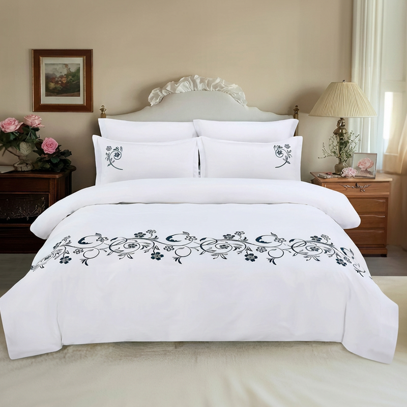 White king bedding with black floral embroidery design mooncee uae