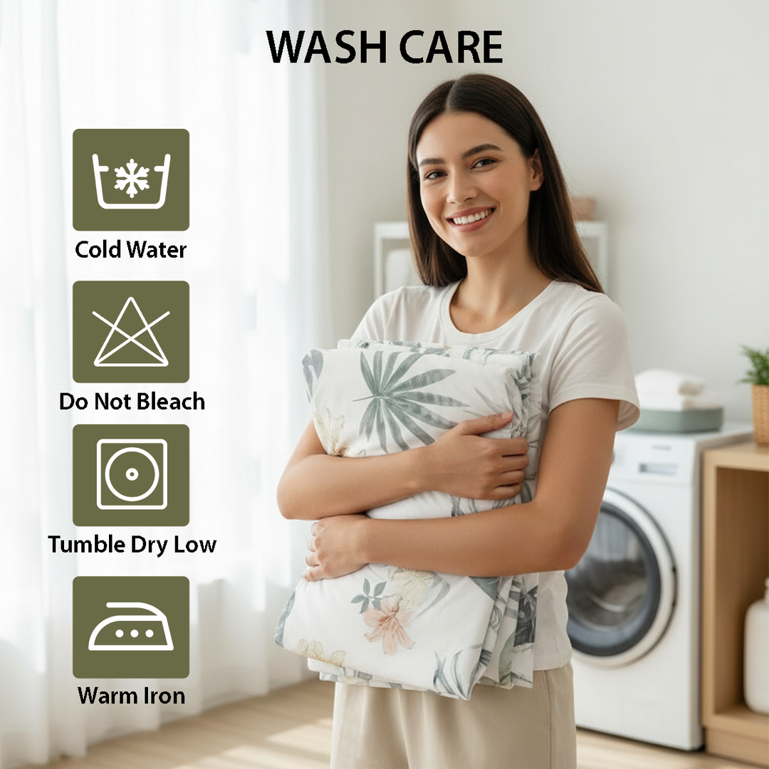 Nature themed bedding set with leaf artwork on white fabric