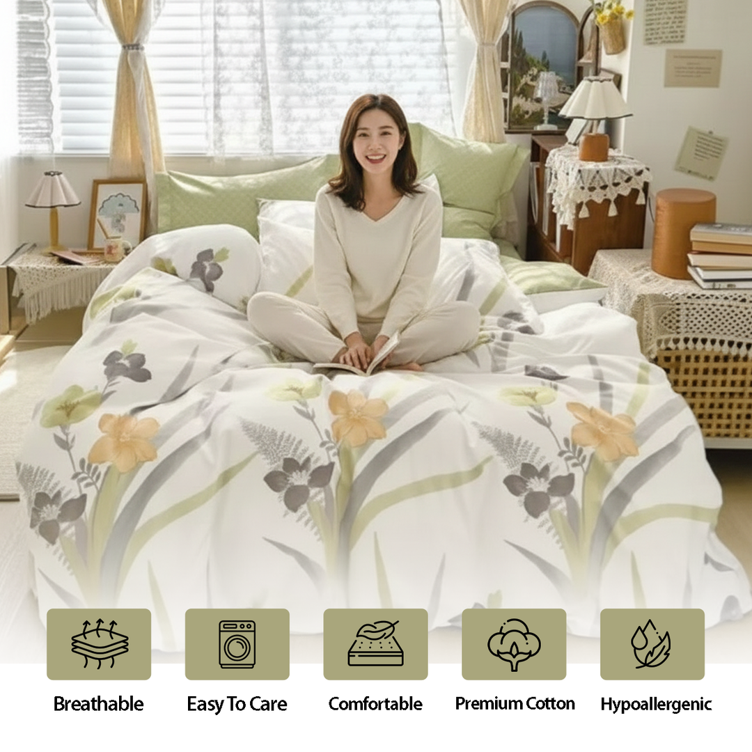 White bedding set with soft floral pattern in yellow and grey tones