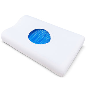 White pillow with a blue gel patch on a white background