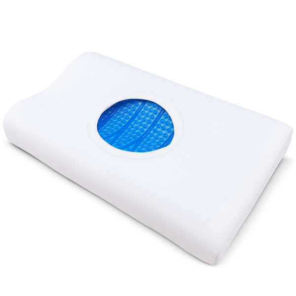 White pillow with a blue gel patch on a white background