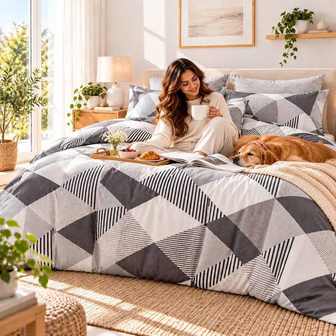 6 PCs King Size Geometric Grey Duvet Cover Bedding Set with Abstract Triangle Pattern (6FS221)