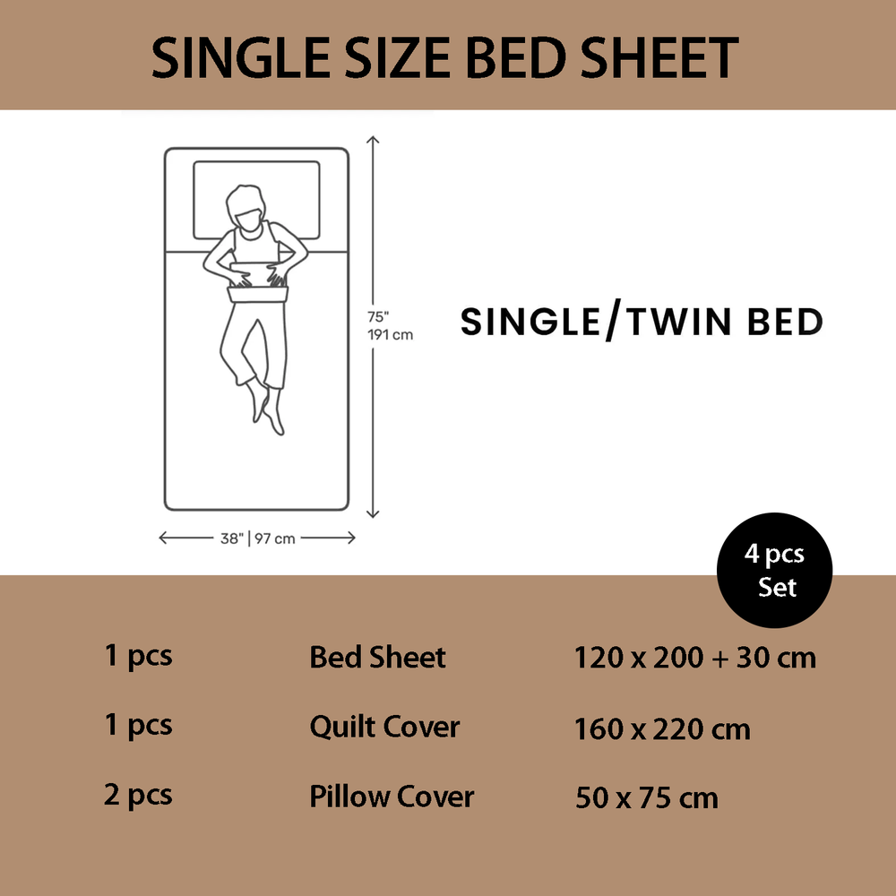 Bedding set information for a single/twin bed with dimensions and item list.