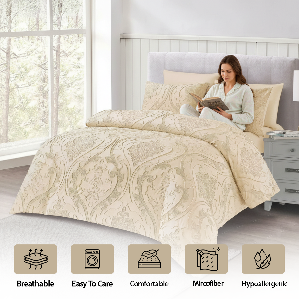 Elegant beige king bedding set with embossed pattern