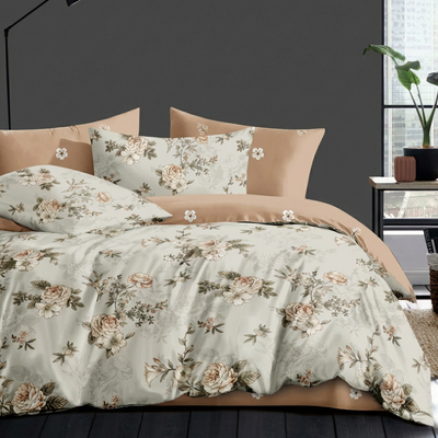 Beige floral single size bedding set with elegant rose print