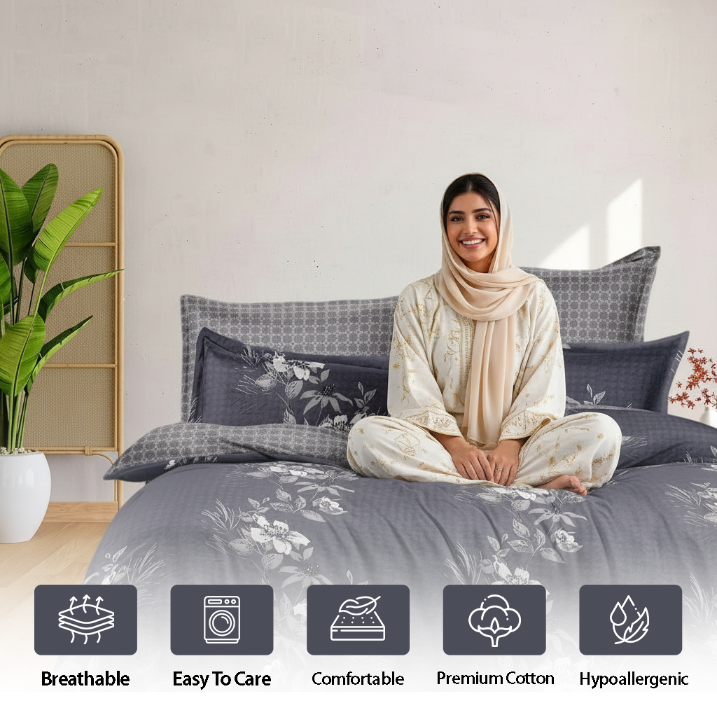 Luxury grey single size duvet cover with botanical leaves