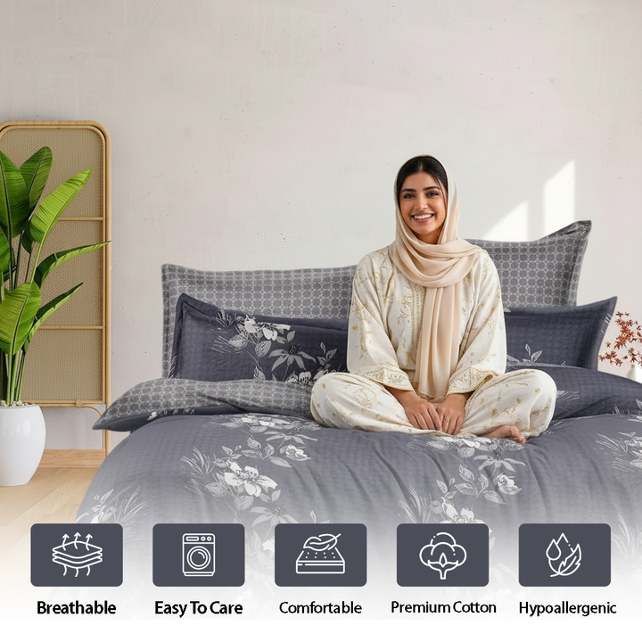 Luxury grey single size duvet cover with botanical leaves
