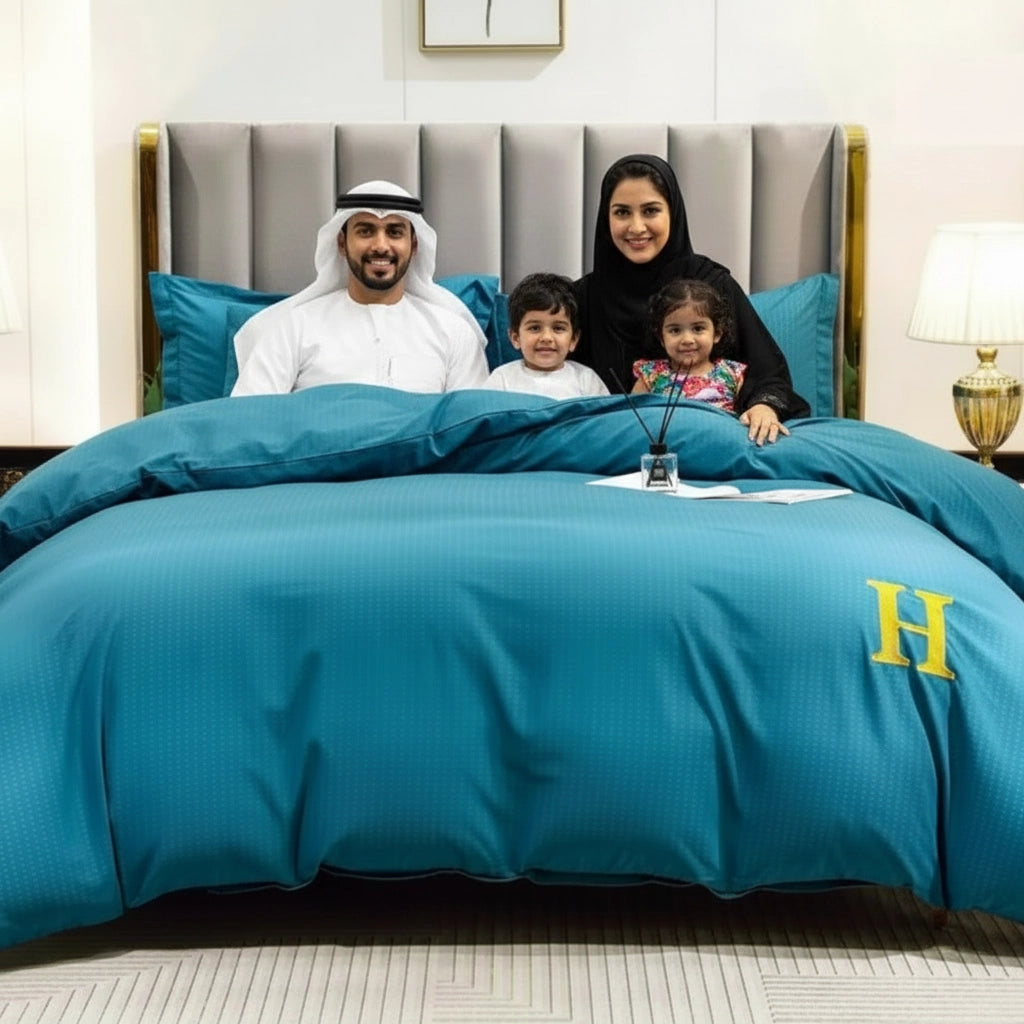 Rich teal bed linen set including bed sheet, quilt cover, and pillow cover