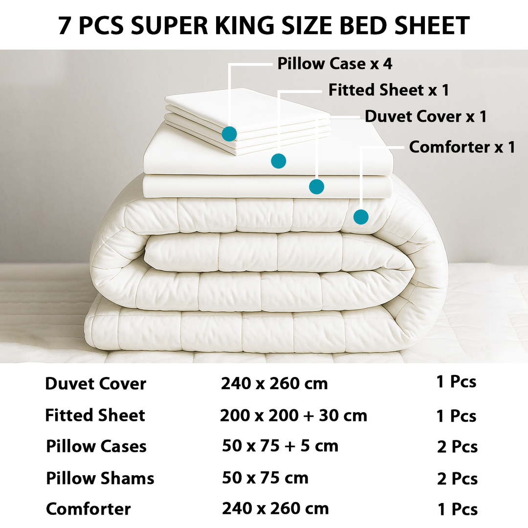 Super King Bedding Set 7 PCs – Comforter, Duvet Cover, Fitted Sheet & Pillows (Plain White)