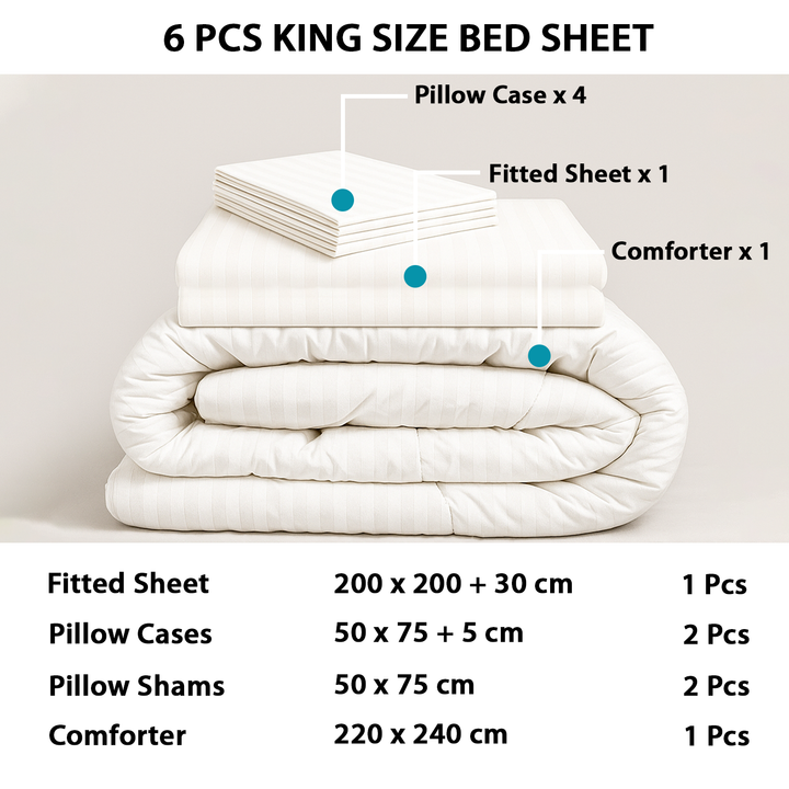 King size Bedding Set 6 PCs – Comforter, Fitting Sheets Bed Sheets (White)