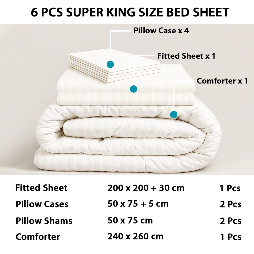 Super King Bedding Set 6 PCs with Fitted Sheet, Pillow Shams & Comforter (White)