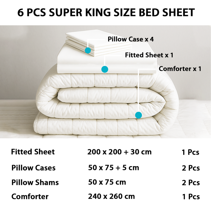 Super King Bedding Set 6 PCs – Comforter, Fitted Sheet & Pillows (Plain White)