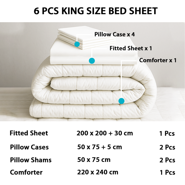 King 6 PCs Bed Set – Comforter, pillow shams, Fitted Sheets & More (Plain White)