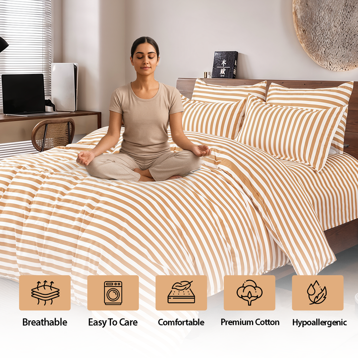 Premium King Size 6 Pcs Bed Linen Set – Printed Bed set with Duvet & Pillow Covers (Camel)