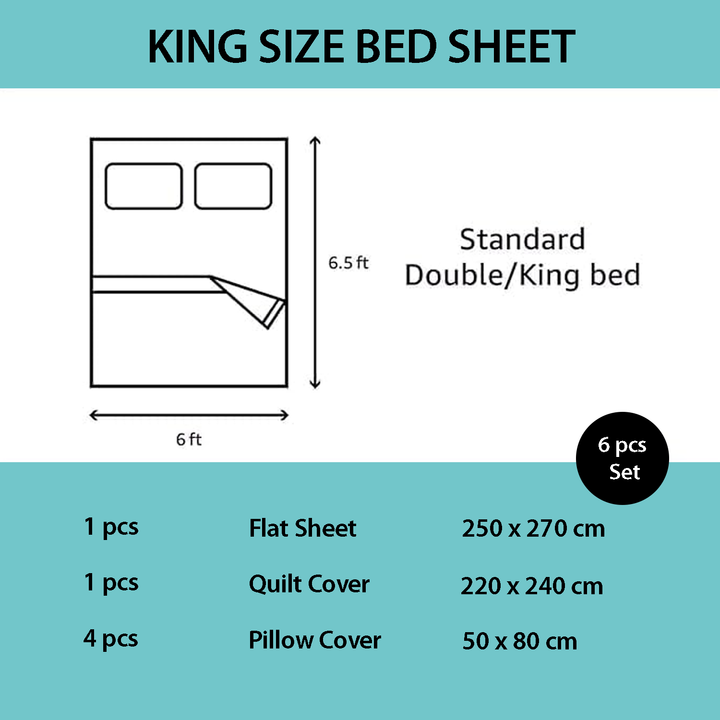 King Size Printed 6 Pcs Bedding Set with Duvet Cover, Flat Sheet & 4 Pillowcase (Aqua Blue)