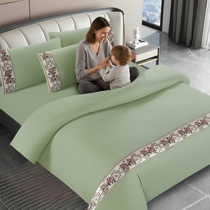 Linen Bed Sheets 6 PCs Set– King Size with Border Design, Fitted Sheet & Pillowcases(6TQ15)