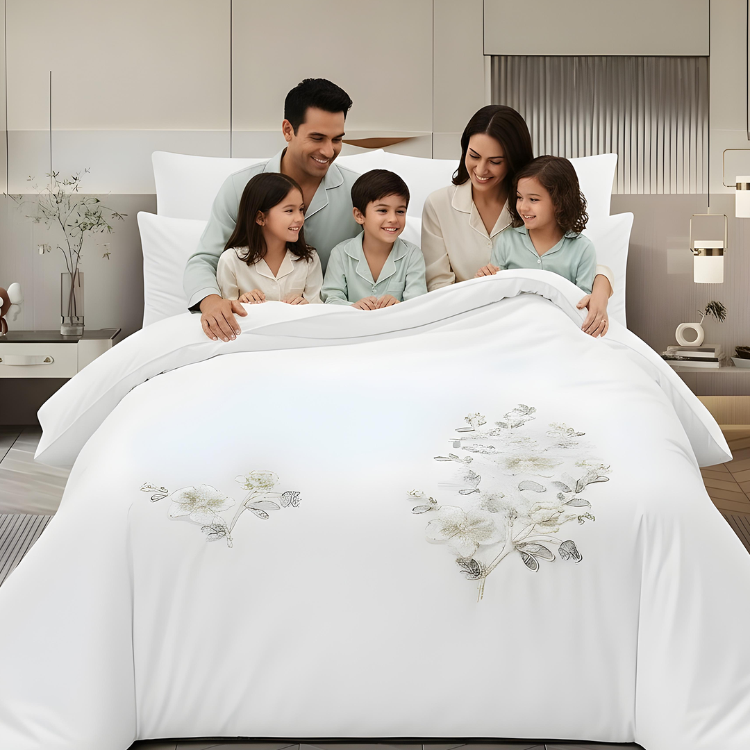 Elegant embroidered bedsheet and duvet cover set in soft white shade in uae