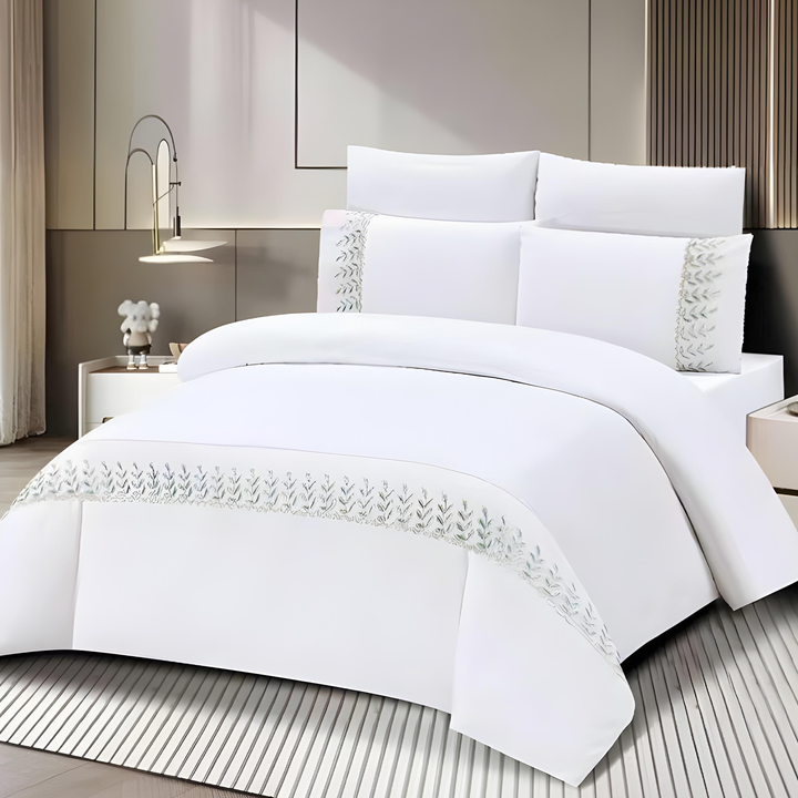 King Bed Set - Luxury Pattern Border Bedding 6 PCs Set for Comfort and Style (White Green)
