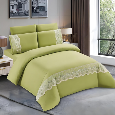 Sage green bedding set with lace trim including bedsheet, duvet cover, fitted sheet, and pillowcases